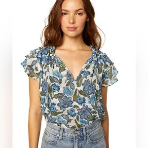Misa Los Angeles White and Blue Floral Blouse